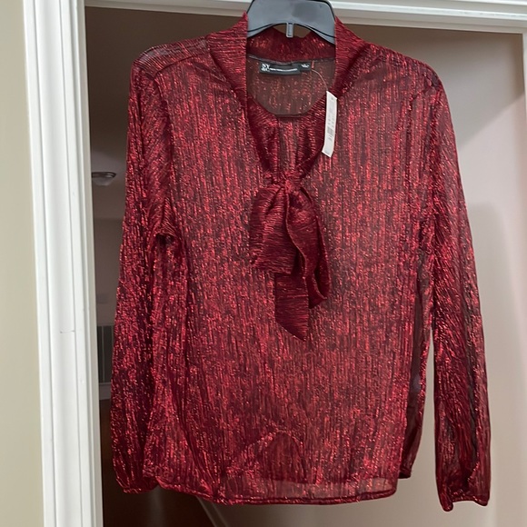 New York & Co. Metallic Tie Neck Blouse - Picture 2 of 8